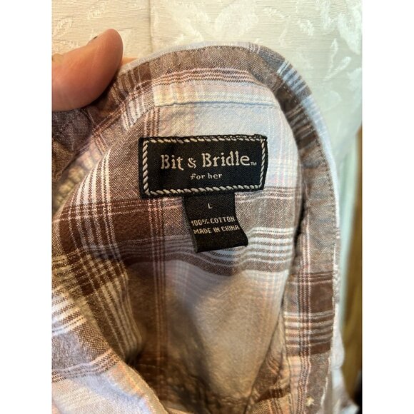 Bit & Bridle Turquoise Plaid Sleeveless Collar Button Down Equestrian Western L - Picture 7 of 8